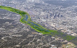 Artist concept of the Dallas Floodway Project with meanders back into the Trinity River